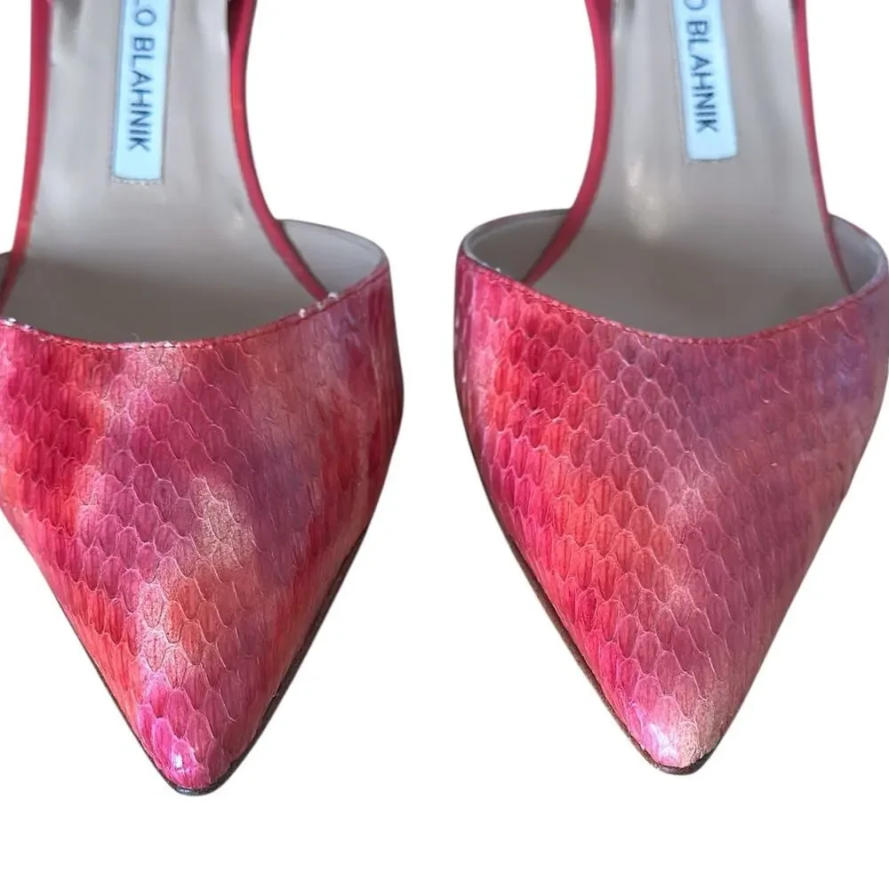 Manolo Blahnik Pink Snakeskin Leather Carolyne Slingback Pointed Toe Pump 39.5